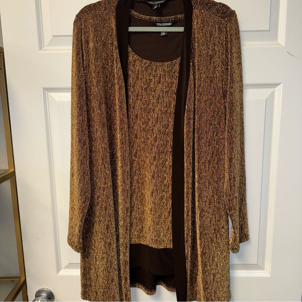 Nina Leonard‎ Brown Cardigan Set Metallic LT
